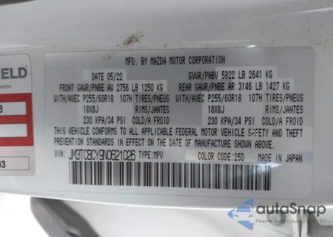 2022 Mazda Cx-9 Touring z USA, uszkodzony, nr VIN JM3TCBCY9N0621026